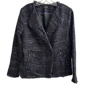Talbots Fringe Blazer Womens Black Blue Tweed Snap Button Career Work Sz 8